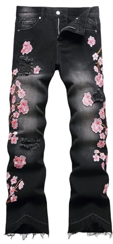 Men's Vintage Flared Jeans Slim Fit Bell Bottom Demin Jeans Ripped Foral Embroidery Denim Pants,5710 Black,Size 32