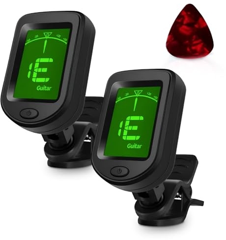 Pack de 2 afinadores digitales + 3 púas de regalo. Clip cromático para guitarra, ukelele, bajo, violín, banjo y viento. Pantalla LCD 360° giratoria y batería incluida.