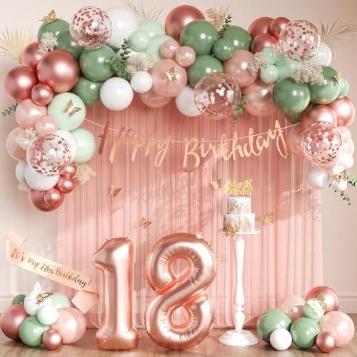18th Birthday Decorations, Happy Birthday Banner, 18th birthday sash, Sage Green and Rose Gold Confetti Balloons, Number 18 Balloons, Cake Topper for 18 Year Old Party Supplies