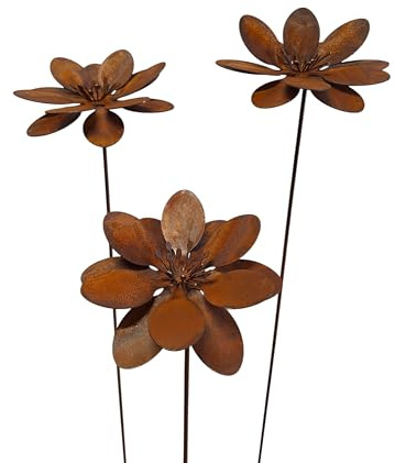 Bornhöft Lot de 3 brochettes de jardin en métal - Motif fleur - Décoration de jardin rouillée - Pour pot - Rouille naturelle - 3 fleurs F ATA
