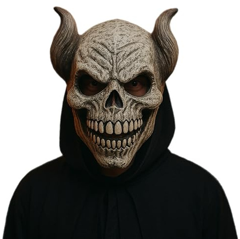 eBoutik - Spooky Creepy Vampire Novelty Halloween Skull Adult Mask with Ram Horns - Latex Full Head Mask, Scary Devil Demon Costume Prop for Fancy Dress Parties