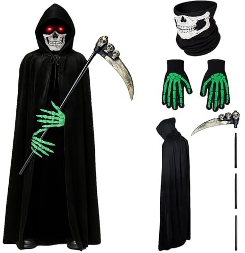 Disfraz de Parca Halloween Adulto – Capa Negra con Capucha, Guadaña Desmontable, Guantes de Esqueleto que Brillan en la Oscuridad, Máscara Calavera – Cosplay, Carnaval, Fiestas de Terror (150 CM)
