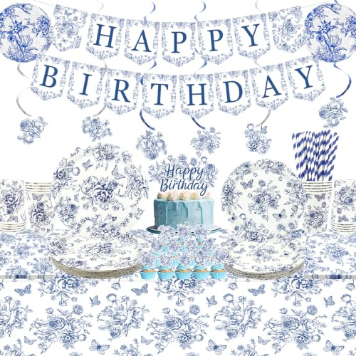 Blaue Blumen Partygeschirr Set , Happy Birthday Banner, Teller, Tassen, Servietten, Tischdecke, Strohhalme, für Kindergeburtstag Mädchen Party Dekorationen Hochzeit für 20 Gäste