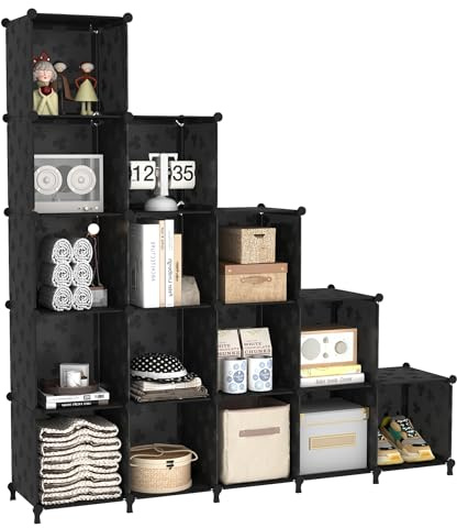 UNKU 16 Cube Storage Organizer,Closet Organizer Storage Shelves,Black | DIY Stackable Bookcase, Clothes Organizer Shelf for Closet, Bedroom, Living Room, Cabinet, Home, Office