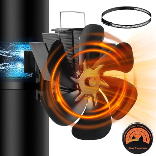 LAMA 6 Blättern Magnetisch Kaminventilator, Ofenventilator Heizventilator Lüfter mit Thermometer, Wärmebetrieben Geräuscharmer Ventilator Schneller Selbststart Kaminlüfter für Kamin Holzöfen Ofenrohr