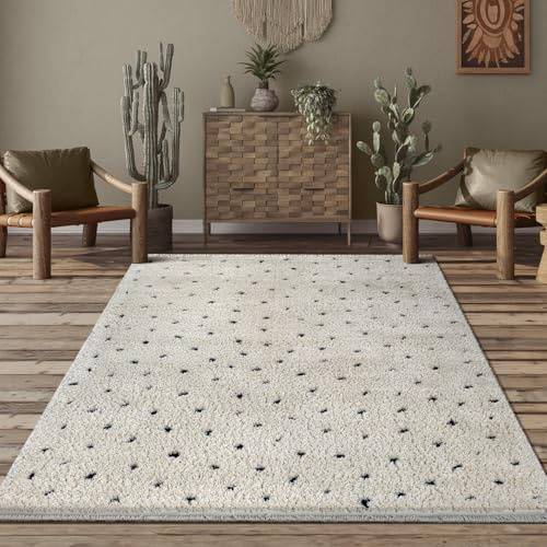 the carpet Bahar Kids Langflor Teppich fürs Kinderzimmer, Punkte Muster in Creme-Schwarz, Weich & Pflegeleicht, Spielteppich, Punkt Muster Creme-Schwarz 120 x 170 cm