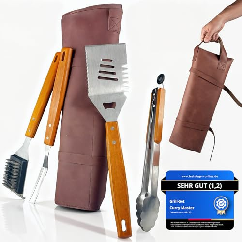 Grillset für Männer Geschenk - Premium Grill Set mit Ledertasche, Grillbesteck & Grillzubehör, Holzgriffe, 3 in 1 Wender mit Flaschenöffner und Schneidekante