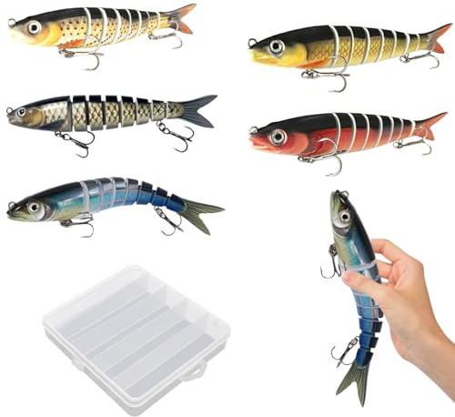 5 Stück Angelköder in Box, Kunstköder Wobbler Hecht, Swimbait zum Raubfisch, Mehrgelenkige Forellen Wobbler, Angel Köder Set, Fisch Köder Set für Hecht, Barsch, Zander