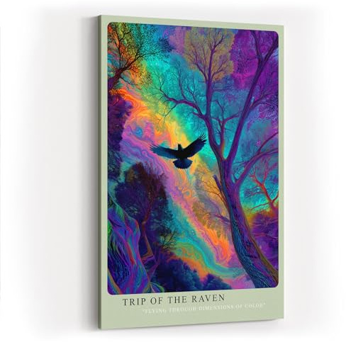 Paul Sinus Wandbild in 40x60cm Mystischer Rabe im farbintensiven Wald – surreales Kunstwerk mit leuchtenden Regenbogenfarben