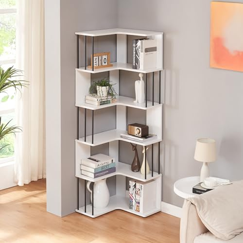 [en.casa] Eckregal Afrel Bücherregal mit 5 Ebenen 160 x 54 x 54 cm offenes Regal Standregal für Wohnzimmer Büro Schlafzimmer Weiß