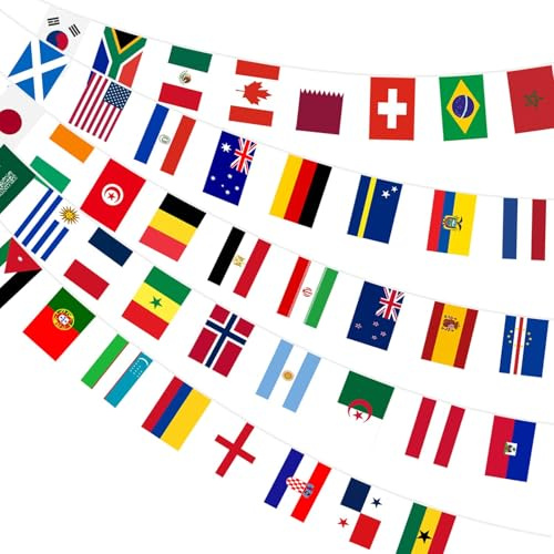 AhfuLife 2026 Världscupen Fotbollsflaggor Vimpelkedja 48 Länder, Dubbelsidiga Tygflaggor med Sverige Danmark Nederländerna, Fest & Bardekoration perfekt för fotbollsfans(2 stycke, 20 x 28 cm - 21m)