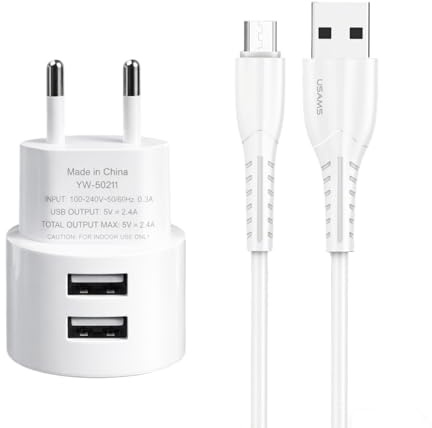 Cargador Ultradelgado Plano Doble Puerto USB 5V 2.1A con Cable Tipo C, Adaptador de Corriente de Pared 2 Puertos USB-A Compatible con Samsung, Apple, Huawei, Smartphones, Tabletas, eBooks y