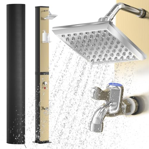 AufuN Solardusche Gartendusche 40L mit Chrom & Edelstahl, Warmwasser bis 60°C ohne Strom, 15cm Duschkopf, Fußdusche, Gartenschlauch-Anschluss, Schutzhaube & Montageset, ideal für Pool & Camping, Gold