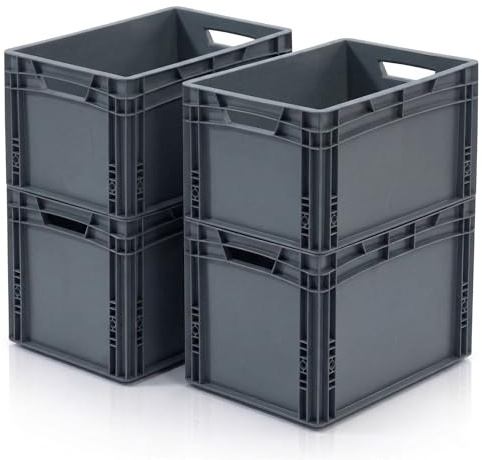RODOPI 4x Eurobox 40x30x32 cm, stapelbar, graue Transportbox aus PP-Kunststoff, Eurobehälter mit 2 Grifföffnungen, Aufbewahrungsbox für Lager, Werkstatt, Haushalt