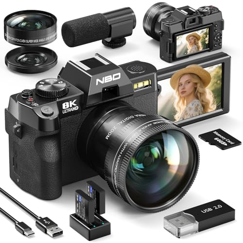 NBD 8K 64MP Digital Camera with Autofocus & 16X Zoom, Wi-Fi & App Control, Anti-Shake, 180° Flip Screen, Webcam Function, Includes Macro & Wide-Angle Lenses, 64GB TF Card & 2 Batteries (Black)