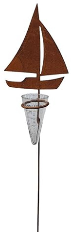 Bornhöft Edelrost Gartenstecker Schiff mit Glas-Regenmesser, Metall, 110 cm, Wetterfest, Garten-Deko für Beet, Terrasse & Balkon