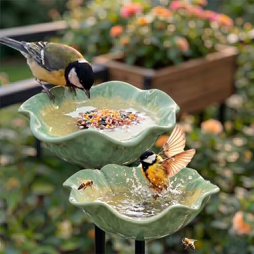 Vogeltränke Blume & Bienentränke Keramik Gartenstecker – Insektentränke Garten für Wasser & Vogelfutter, Dekorative Keramikblüten für Bienen & Vögel (2, Blau) (Gelb,2)