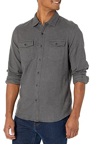 Amazon Essentials Men's Slim-Fit Long-Sleeve 2-Pocket Flannel Shirts, Charcoal Heather, L