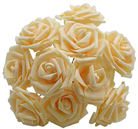 Yalulu 50 Stück 8CM Foamrosen Schaumrosen Blumenköpfe Schaumköpfe Künstliche Kunstblumen Rosen Rosenköpfe Brautstrauß Party Hause Deko (Champagner)