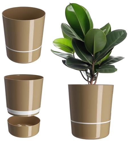 KADAX Blumentopf, runder Pflanzkübel, Zweiteiliger Pflanztopf für Blumen, Pflanzen, Balkon, moderner Blumenkübel aus Kunststoff, Übertopf für Innen- und Außenbereiche, glänzend (25 cm, Beige)