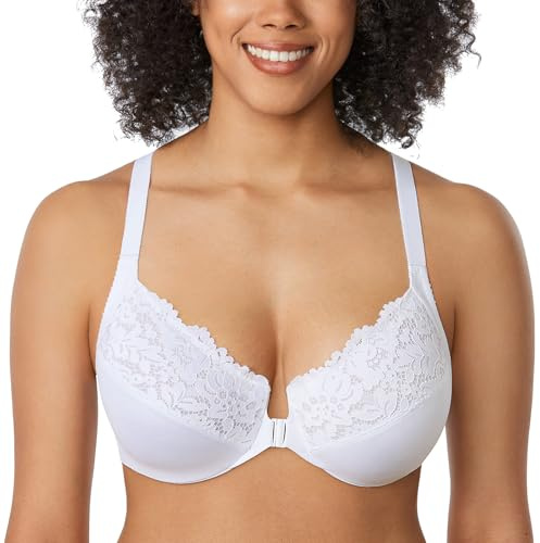 Delimira Women's Front Fastening Bra Racer Back Lace Plus Size Non Padded Underwired White 38D