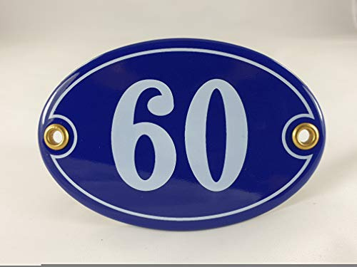 Emaille Hausnummer Schild Nr. 60, oval, Blau-Weiß Handarbeit