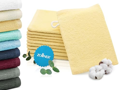 ZOLLNER 10er Set Waschhandschuhe in 16x21 cm - saugstarke und weiche Waschlappen in gelb - mit praktischem Aufhänger - waschbar bis 60°C - Baumwolle - Hotelqualität