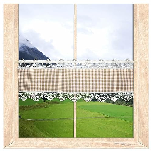 atelier alles-Spitze Landhaus-Kurzgardine Annie beige-kariert HxB 25x128 cm | Hochwertige Scheibengardine aus Feinbatist mit Vogtländischen Spitzenkanten, atelier alles-Spitze