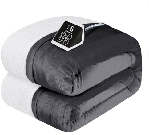 Westinghouse Heated Blanket Twin Size, Soft Flannel to Sherpa Electric Blanket with 10 Heating Levels, 12 Hours Auto Off, Fast Heating, Machine Washable, 62x84 Inch, Charcoal
