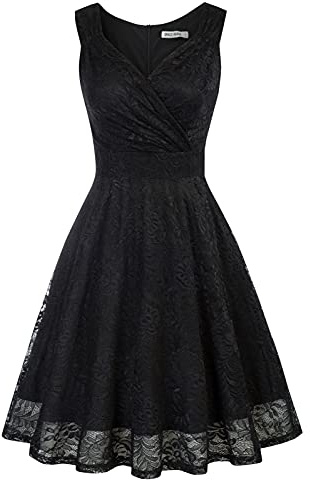 Vintage rétro Audrey Hepburn Robe de Soirée Cocktail au Genou Col V année 50 Rockabilly Noir L -1
