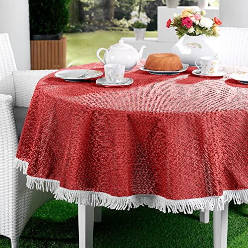 EMHELLE Trädgårdsduk trädgård balkong terrass bordsduk camping picknick rund oval kantig utomhus och inomhus halkfri yta med vita fransar (130 cm rund, röd)