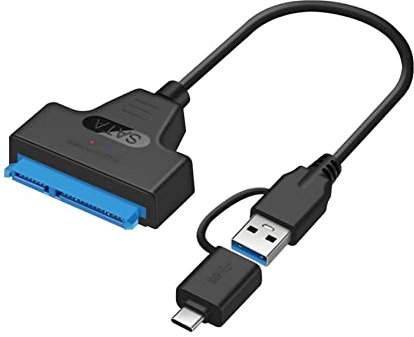 Cable Adaptateur Disque Dur Double USB 3.0 et C vers SATA III, Super Speed, Convertisseur pour disque dur 2.5 SSD/HDD (Compatible UASP SATA III).transfert USB 3.0 avec connecteur Type C intégré
