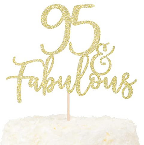 LOVENJOY 95 and Fabulous Birthday Cake Topper 95 Cake Decoration Gold Glittery for Happy 95th Birthday Party Decorating