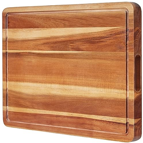 BEZIA 20 x 15 Inch Extra Large Wood Cutting Board - Acacia Edge Grain - Meat, Vegetable, Cheese, Charcuterie, Turkey, BBQ - Brown, Rectangular - Built-in Juice Groove