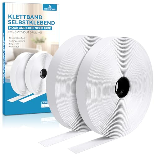 HOMMAND Klettband Selbstklebend Extra Stark, Doppelseitig Klebende mit Klettverschluss Selbstklebendes Klebepad Flauschband und Hakenband, Premium Klettverschluss selbstklebend, 20mm x 10m, Weiß