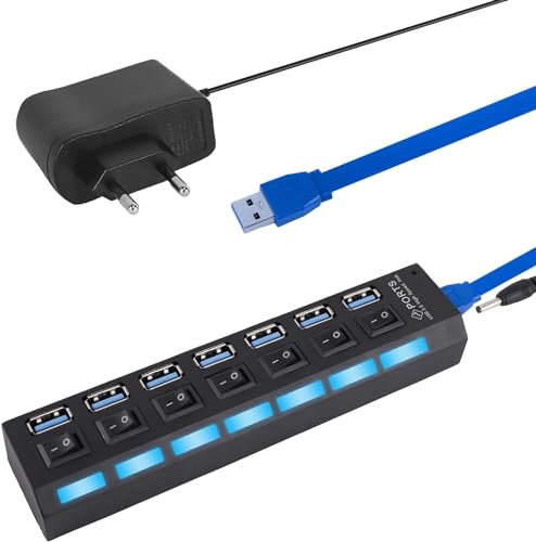 Hub USB Active 3.0 7 Ports, répartiteur USB Actif 5 Go/s, hub de données avec Interrupteur séparé, Port d'alimentation avec interrupteurs d'alimentation LED individuels, Compatible avec