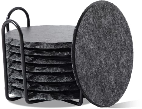 Schiefer Untersetzer für Gläser 8er Set, 10cm Rund Filz Untersetzer mit Halter, Glasuntersetzer Tischuntersetzer für Getränke, Bar, Tassen, Tischuntersetzer Getränkeuntersetzer