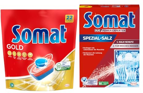 SOMAT Tabs 22 AW Gold, Geschirrspül Tabs für strahlend sauberes Geschirr auch bei niedrigen Temperaturen, Extra-Kraft gegen Eingetrocknetes + Somat Duo Power Experten Spezial-Salz 1,2kg
