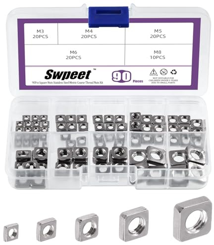 Sweet Juego de tuercas cuadradas M3, M4, M5, M6, M8, 304, 90 unidades, acero inoxidable métrico, rosca gruesa para casa, automoción y tienda