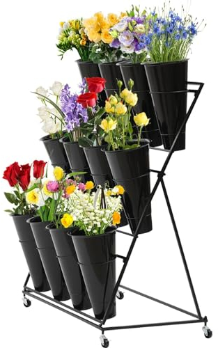 Blumenständer für draußen – Blumenständer mit 12 Eimern, 3-lagiger, robuster, beweglicher Pflanzenständer aus Metall mit Rädern und Eimer, Blumenwagen aus Schmiedeeisen mit Rädern, für das W