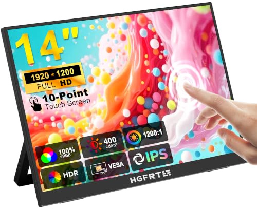 HGFRTEE Portable Monitor Touchscreen 14, 1920x1200 60Hz USB-C & FHD External Display Touch Screen for Laptop/Mac/Gaming/Office, VESA Mountable Travel Monitor with Built-in Speakers-LCD Panels