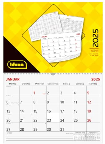 Idena 11172 - Kalender 2025 in DIN A4 Querformat (29,5 x 21 cm), Wandkalender 1 Seite = 1 Monat, Monatskalender inkl. Jahresübersicht