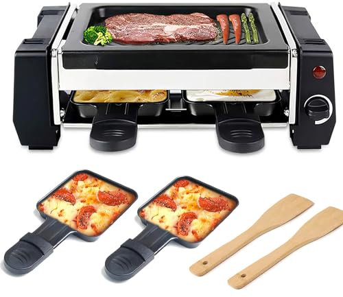 HYQNG Parrilla De Mesa Raclette, Parrilla Eléctrica 2 En 1, Plancha Eléctrica Antiadherente para Interiores con 2 Sartenes para Queso Raclette Y 2 Espátulas De Madera, Temperatura Ajustable De 500w