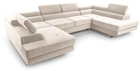 FurniShop24 Ecksofa mit Schlaffunktion und Bettkasten - Eckcouch L-Form mit Bewegliche Kopfstützen, Klappsofa - Schlafcouch zum Wohnzimmer, Minimalistisches Design Schlafsofa Nolan U: Beige