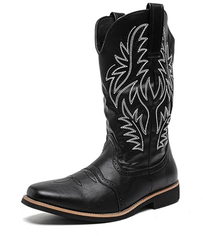 CHUUMEE Cowboy Boots for Men Square Toe Fashion Work Boots Embroidered Leather Western Boots Traditional Country Boot for Male (Black,10)