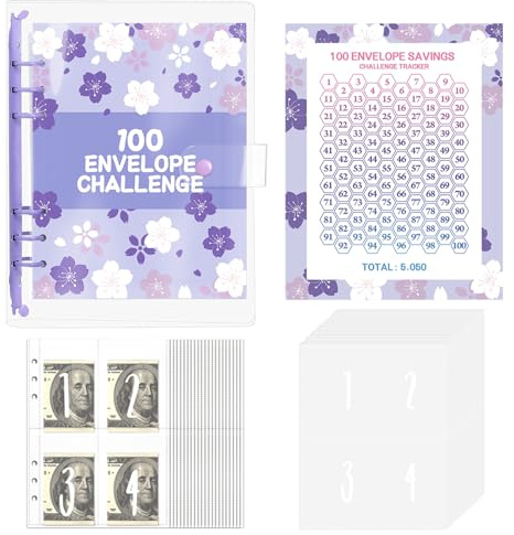 100 Envelope Saving Challenge,Sparbinder,A5 Budgetplaner,Ringbuch A5 mit Challenge Tracker+Pre-numbered Taschen,Briefumschläge Challenge Binder,Sparen für Budget Binder Schule,Zuhause-Lila