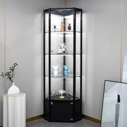 WWERTYY Vitrine mit Kuriositäten für die Ecke zu Hause, beleuchtetes Glasregal mit Tür und Schloss, Lagerschränke mit großer Kapazität, 180 cm hoher Trophäenschrank (Schwarz, 180 x 50 x 50