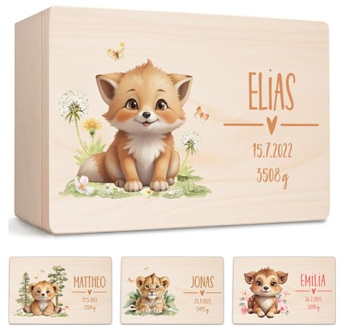 Little Deco Erinnerungsbox Baby Holzkiste mit Waldtieren | M - 30 x 20 x 13 cm | personalisiert mit Namen Geburt & Taufe für Mädchen und Jungen XHL1010-02M