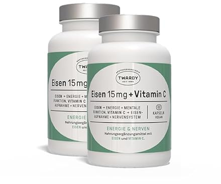 Astrid Twardy Eisen 15 mg + Vitamin C – Vegane Kapseln zur Unterstützung der Blutbildung & Energie mit Eisengluconat und L-Ascorbinsäure – 2x60 Kapseln