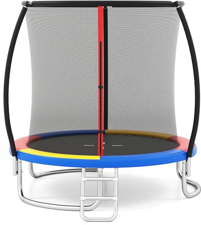 COSTWAY Trampolino Elastico per Bambini e Adulti 244 cm/305 cm/366 cm, Tappeto Elastico da Esterno con Rete di Sicurezza, Scala e Telaio in Acciaio Zincato Antiruggine (Colorato,244 cm)
